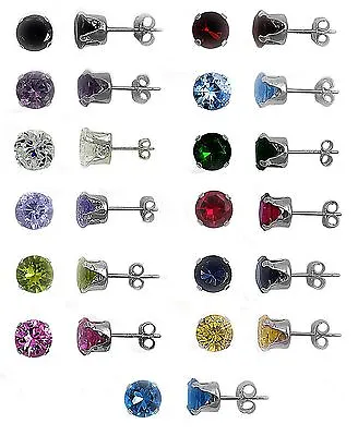 Any Color 925 Sterling Silver Birthstone Round CZ Stud Earrings Kids Lady Man • $7.89