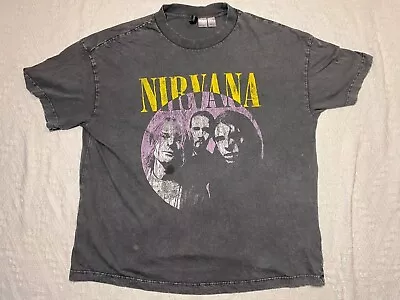 Nirvana T Shirt H&M Size Medium Short Sleeve Black Grey Vintage Look Kurt Cobain • £8