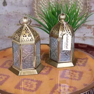 Set Of 2 Cooch Gold Moroccan Frosted Glass Lantern 17cm Candle Gift Home Decor • $57.19