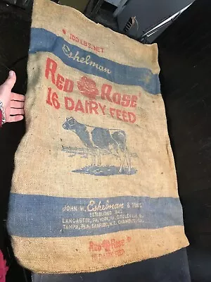 Vtg Red Rose Dairy Feed Burlap Bag Dairy Cow 26in X 39in Farm House Barn Country • $30.60