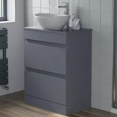 600mm Bathroom Vanity Unit Countertop Wash Basin Sink Oval Floor Standing Grey • £259.84