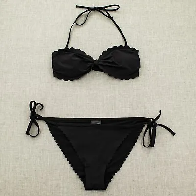H&M Womens Ruffled Scalloped Edge Halter Bikini Swimsuit Set Black 6 Top & 10 Bo • $18.88