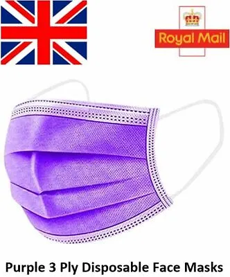 Purple Disposable Face Masks 3Ply Quality Surgical Medical Face Covers Anti Dust • £34.99