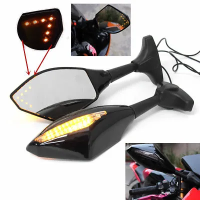 Motorcycle Rearview Side Mirrors With LED Turn Signal Blinker Light For Kawasaki • £29.22