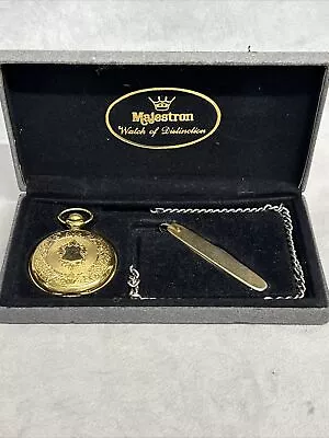 Vintage Majestron Gold Tone Engraved Floral Detachable Chain Quartz Pocket Watch • $27.99