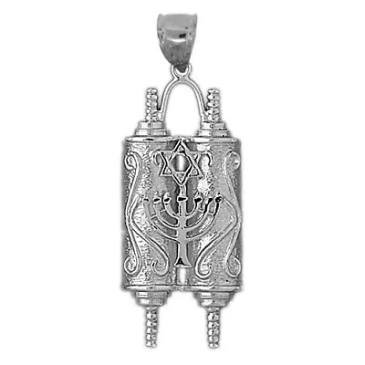 Rhodium Plated 925 Sterling Silver 40MM Torah With Menorah Pendant • $87.99