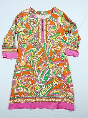 Barbara Gerwit Long Sleeve Pattern V Neck Dress Orange Womens Size Large • $21.99