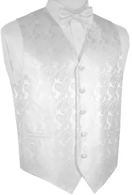 Men's White Paisley Formal Dress Tuxedo Vest & Bow-tie Set. Wedding Prom • $22.89