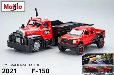 GB Maisto 1:64 Red 1953 Mack B61 Flatbed Trailer F150 Model Diecast Collect Car • $29.99