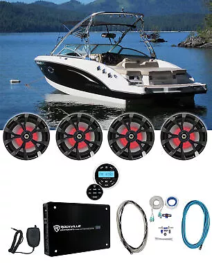 (4) Rockville 8  Black Marine LED Speakers+Bluetooth Receiver+Amplifier+Amp Kit • $454.85