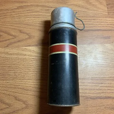 Vintage Thermos Bottle 7 1/2 Blk With Red Stripe Cork Stopper & Cup Made USA • $15