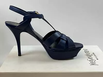 YSL SANDALS Heels TRIBUTE 75 Navy Leather Rarely Worn 38.5 Uk5.5 Dcg • £95