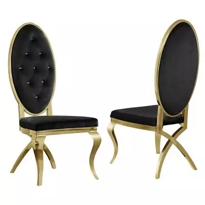 Classy Tufted Velvet Dining Chairs In Black With Gold Stainless Steel (Set Of 2) • $380.50