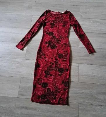 Glamorous Dark Red Stretch Embossed Velvet Print Bodycon Dress Wiggle UK8/10 • $16.17