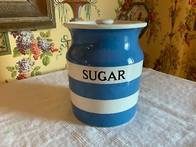  English Cornish Ware TC Green & Company Blue & White Lidded Sugar Jar C1930  • $175