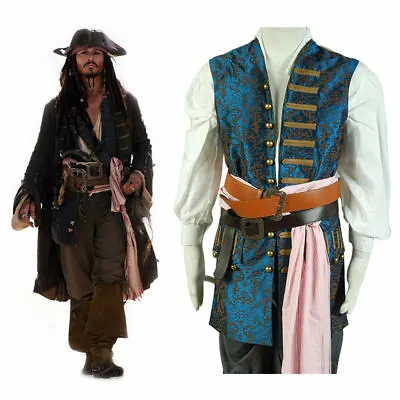 Pirates Of The Caribbean 4 Jack Sparrow Cosplay Costume Halloween Blue Vest Only • £33.59