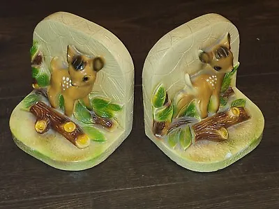 Vintage Doe Baby Deer Chalkware Bookends Mid Century 5   • $24.99