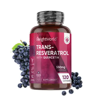 Trans Resveratrol - 120 Capsules - 550mg - Quercetin - 4 Months Supply - Vegan • £25.99