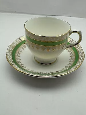 Vintage Salisbury Bone China Tea Cup And Saucer Green Band Gold Trim No 2027 G • $18