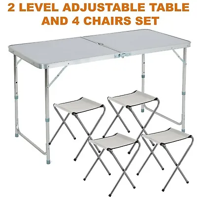 4ft Folding Camping Table Aluminium Picnic Portable Party Bbq Outdoor & 4 Stools • £24.85