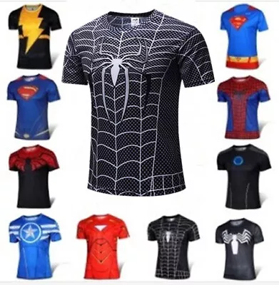Men's T-shirts Spider Superhero Compression Tights Short Sleeve Tops Tee Gym • $12.99