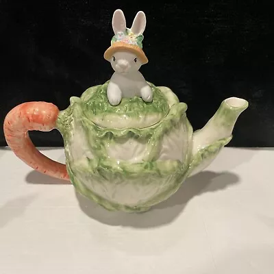 Fitz  & Floyd Omnibus OCI Ceramic Bunny Rabbit Cabbage 26 Oz Teapot With Lid • $19.95