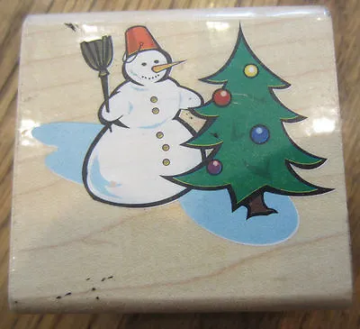 Canadian Maple Collections Snowman With Tree Winter Scene Wooden Rubber Stamp • $6.99