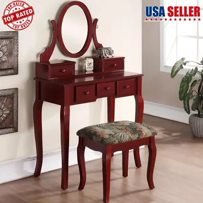 Vanity Table Wood Make-Up Stool 5 Storage Drawers Mirror Adjustable Bedroom New • $203.78