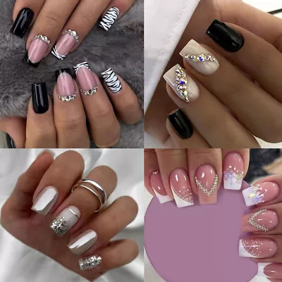 £3.99 • Buy Square / Coffin False Press On Medium Style Nails Full Cover Diamante Art 24 Pcs