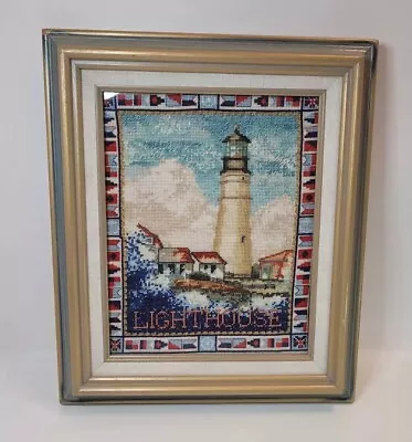 Vtg Lighthouse Counted Crosstitch Framed Picture Americana Signal Flags Coastal  • $34.95
