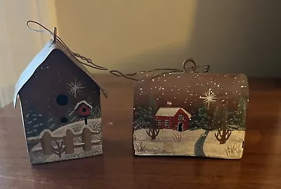 Vintage Miniature Mailbox & Bird Feeder Metal Handpainted Christmas Ornaments • $25