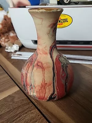 Vintage Nemadji #119 Native Clay Pottery Vase Red Turquoise & Black Swirl 6.25” • $26.99
