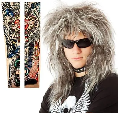 70s 80’s Mens Rocker Wig + Tattoos Costume Set. Glam Hairband Rockstar Mullet... • $34.99