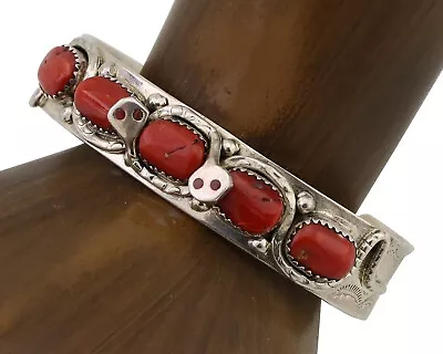 Zuni Cuff Bracelet 925 Silver Natural Coral Signed Effie Calavesa C.80's • $599