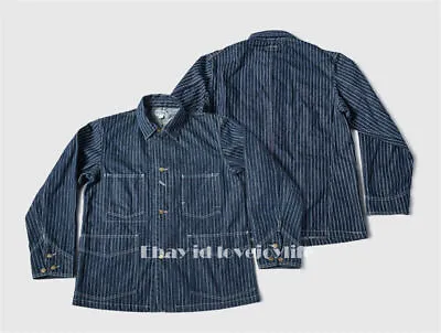 Retro 1930's Washable Chore Jacket Vintage Mens Railroad Stripe Denim Coat Blue • $66.21