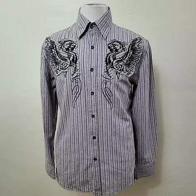 Roar Mens Size M Gray Striped Cotton Patched Embroidered Long Sleeve Biker Shirt • $24.99