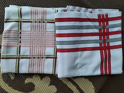 2 Vintage Tablecloths ~ White Red Gray Striped ~ Tan Lime & Burgundy Plaid • $10