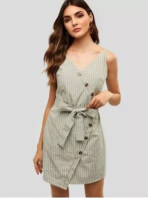 Women's Small Tan Striped Mini Dress Asymmetrical Button Down Faux Wrap Tie Belt • $14.99