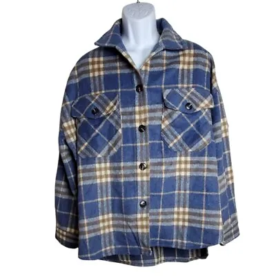Flannel Shirt Size Large Wool Blend Brown Blue Plaid Unisex Grunge Festival • $10