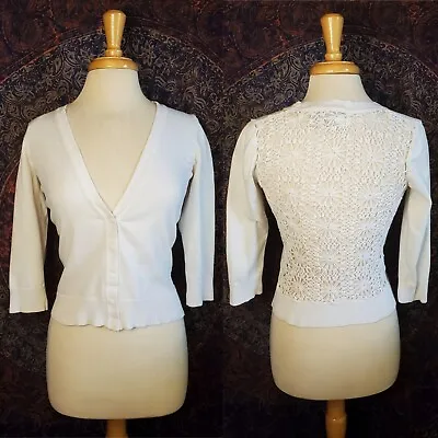 Tailor B. Moss White Crochet Lace Back 3/4 Sleeve Cardigan Womens Small • $11