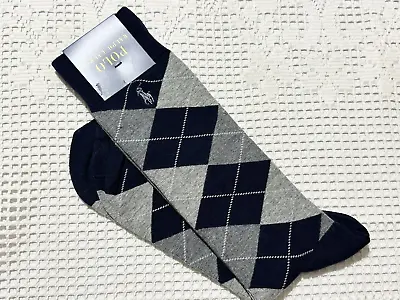 Polo Ralph Lauren Argyle Crew Socks Navy Gray Medium Weight Cotton Mens 10-13 • $13.99