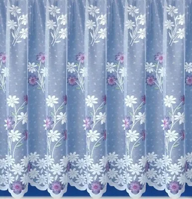 Lavender Floral Design Quality White With Purple Flowers Net Curtain All Sizes • £4.95