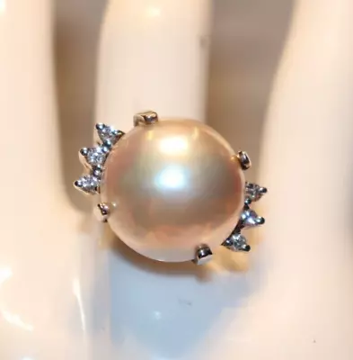 14k White Gold Mabe Pearl Diamond Ring FDA Appr. 1950 • $499.99