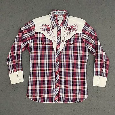 Vintage H Bar C Shirt Mens Size 16.5-34 Red Blue Plaid Western Pearl Snap Cowboy • $149.96