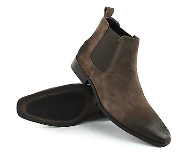 Genuine Suede Dark Brown Mens Dress Chelsea Boots Almond Toe Leather Lining AZAR • $59