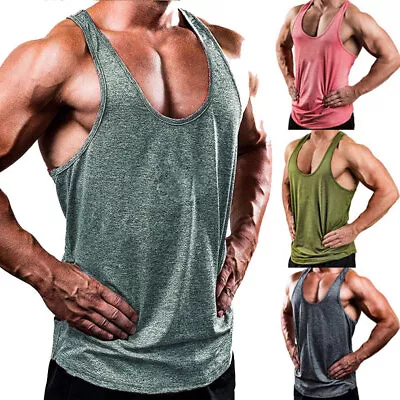 Men Gym Vest Racerback Bodybuilding Muscle Stringer Plain Tank Slim Top Fitness • £10.31