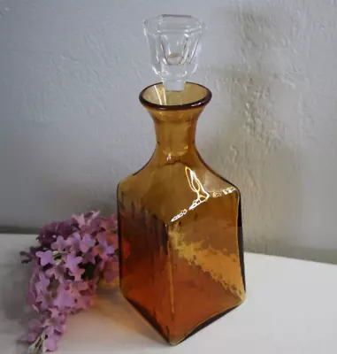 Vintage Amber Square Decanter Barware Liquor Entertaining Bourbon • $29.99
