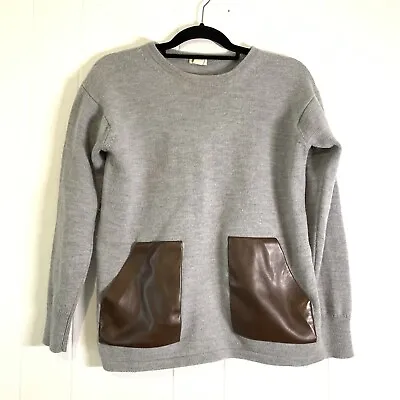 J Crew Womens Medium Sweater 100% Merino Wool Grey Crew Pockets Thick Warm • $24.99