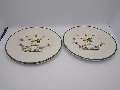 2 - Varages France Faience 8 1/4  Dancing Rooster Bird Ribbed Green Trim Plates • $24.49