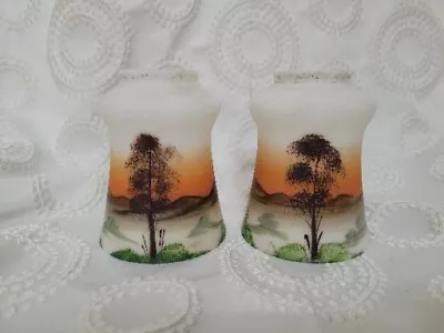 2 Vintage Small Hand Painted Lamp Shade With Mountain Lake Scene Multi Color • $39